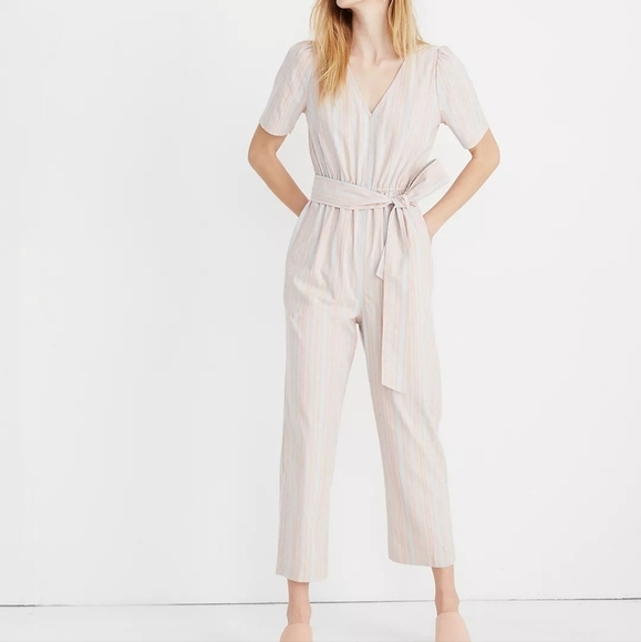 Madewell Striped Puff-Sleeve Tapered Jumpsuit Size 14 L1870 - Picture 1 of 10